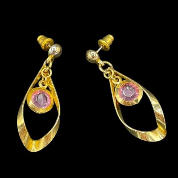 Vintage 70s Gold Tone Pink Crystal Open Work Long Dangle Drop Earrings Post Back - Picture 3 of 7